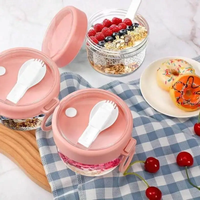 

3-Piece Large Capacity Salad Oatmeal Cups with Knife Fork Lid, Portable Sealed Breakfast Yogurt Cereal Jar, Dalgona Milk Cup