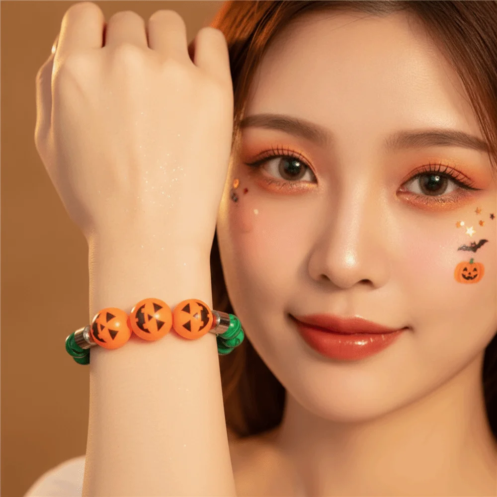 Spider Jewelry Elastic Halloween Bracelet Wooden Beaded Pumpkin Beads Bracelet Stretchy Handmade Wood Wristband Party