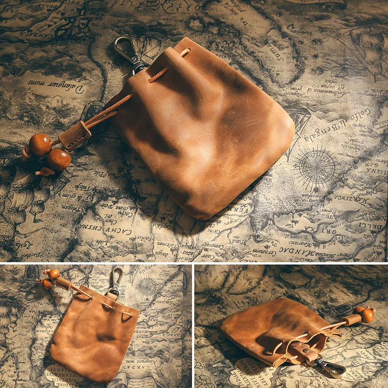 Handgefertigter Vintage-Geldbeutel aus echtem Leder mit Kordelzug, Mini-Portemonnaie aus weichem Leder, Schlüsselbörse für Damen – Detail 5