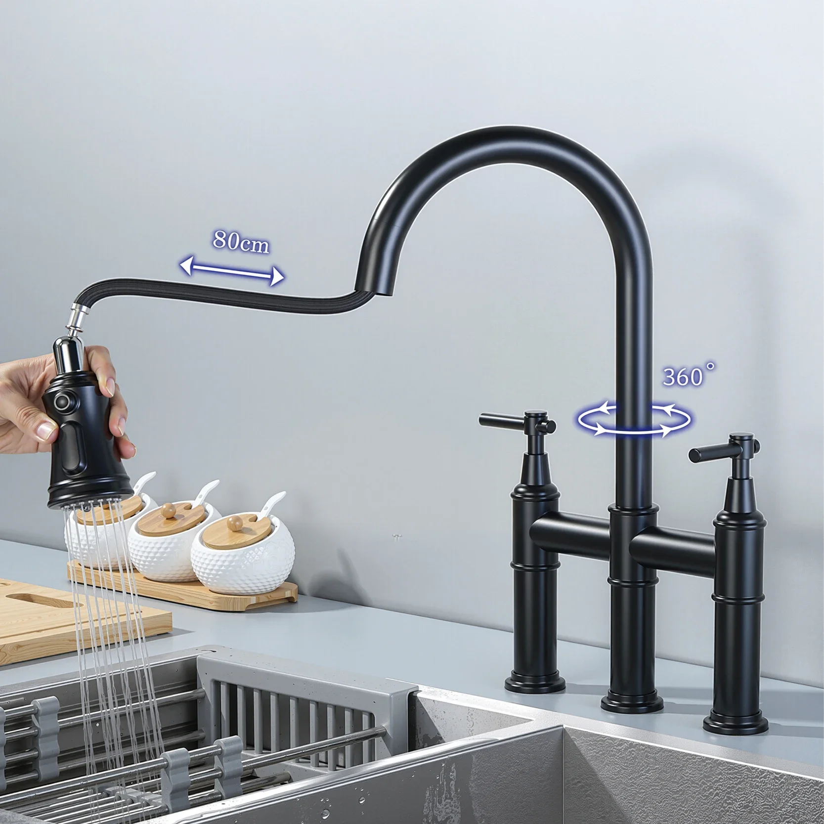 Luxury Brushed Gold Brass Kitchen Faucet, Retro American Style Dual Handle Hot Cold Water Pull Out