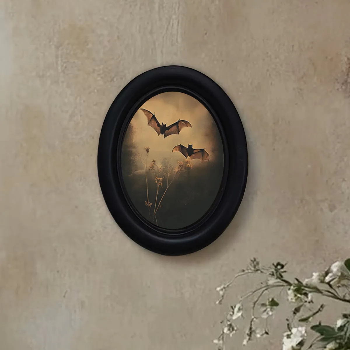 1 Piece of Vintage Gothic Style Flying Bat Wall Decoration, Black Oval Frame, Dark Academy Style Decoration, Halloween Atmosphere Gift