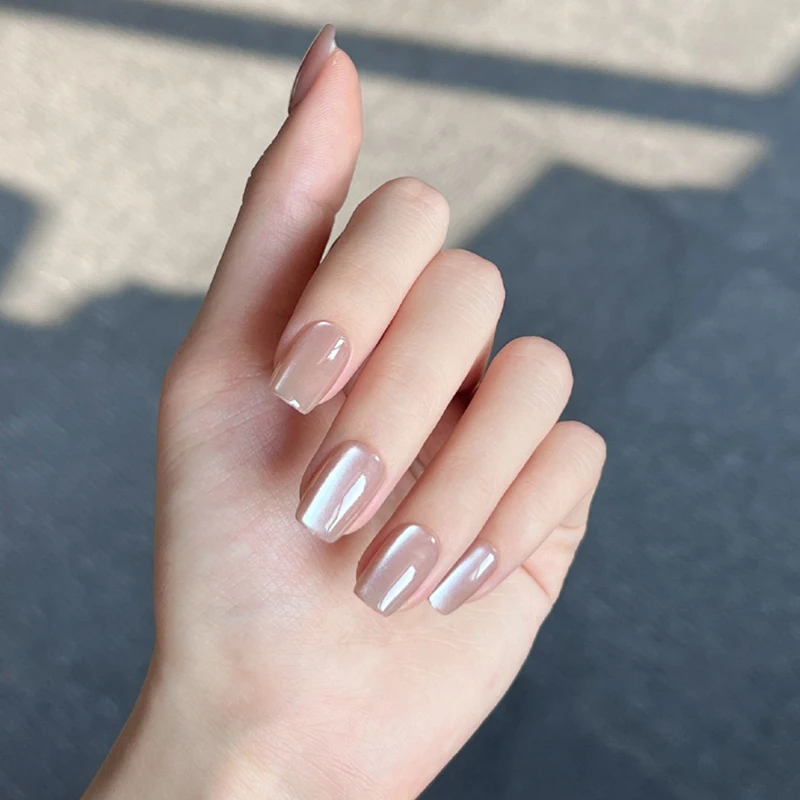 30 Pcs/Set Champagne Cat Eye Short Wear Nail Wide Light Ice Tea Milk Tea Ice Flash Pure Nude Cat Eye Wear Nail Hand Work