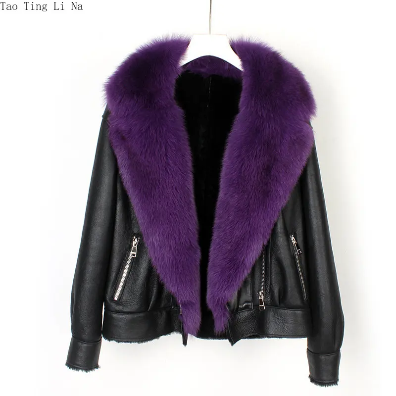 2023 Women New Quality Leather with Fur Genuine Fox Fur Collar Sheep Leather Motorcycle Coat H4