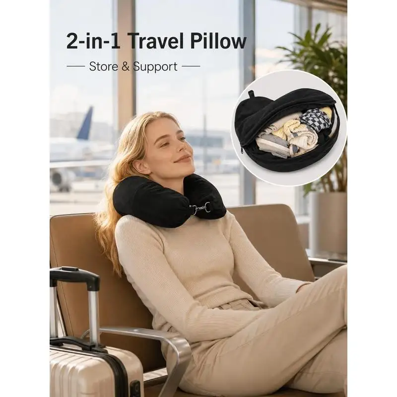 Stuffable Travel Neck Pillow Empty Storage Pillow Cover for Clothes Soft Plush Airplane Carry-On Space Saver