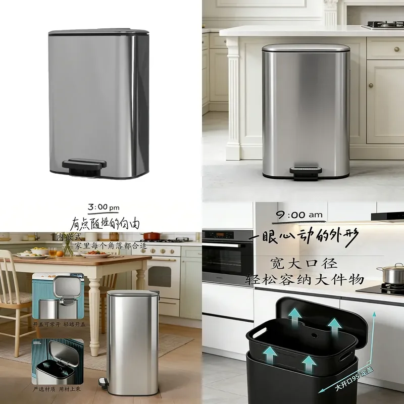 35L Square Stainless Steel Trash Can with Lid Foot Pedal Bin for Kitchen Office Hotel Commercial Household Use