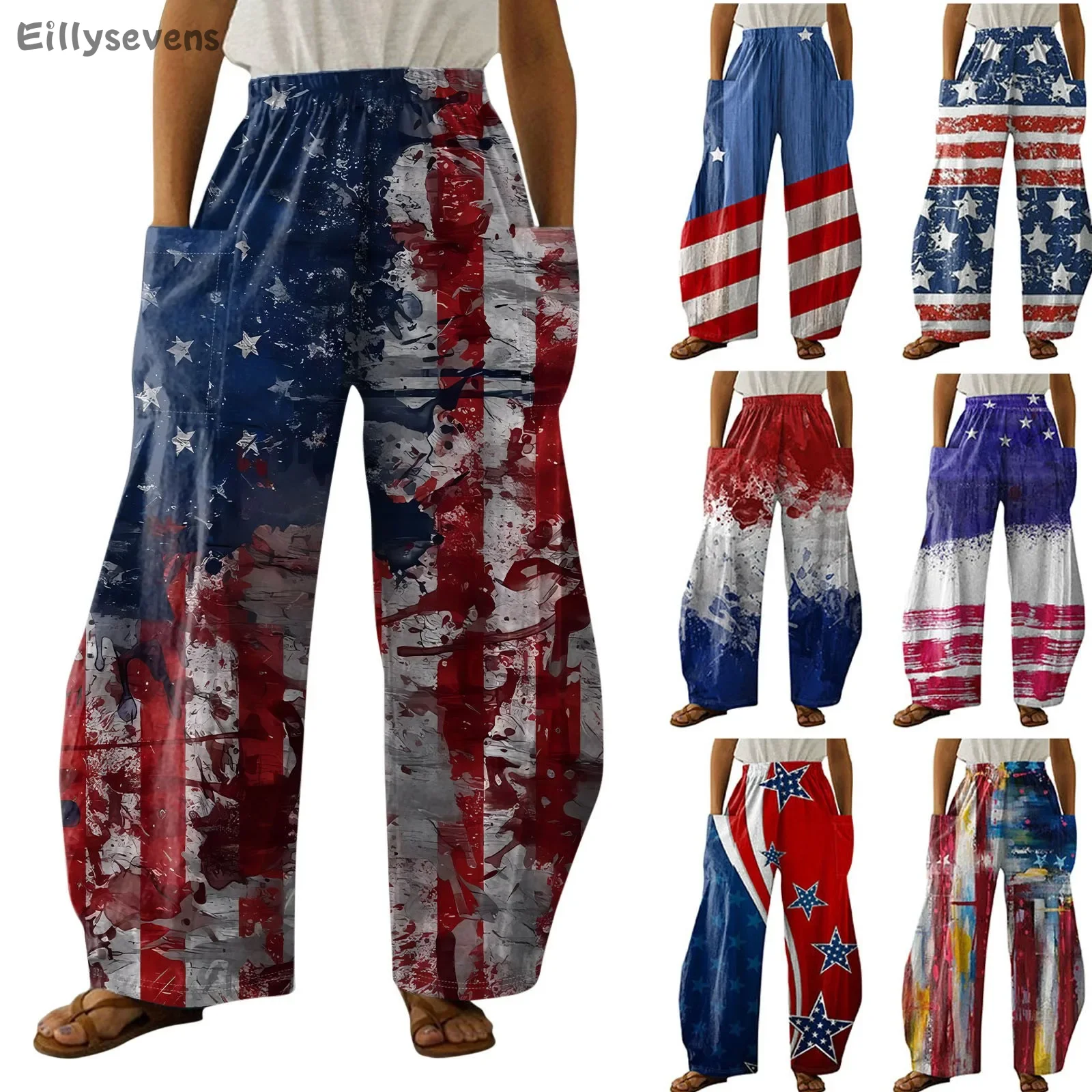 

Women's wide leg pants Straight Leg trousers independence Day Elastic Fashion Waist high waist Loose Printed Casual ropa mujer