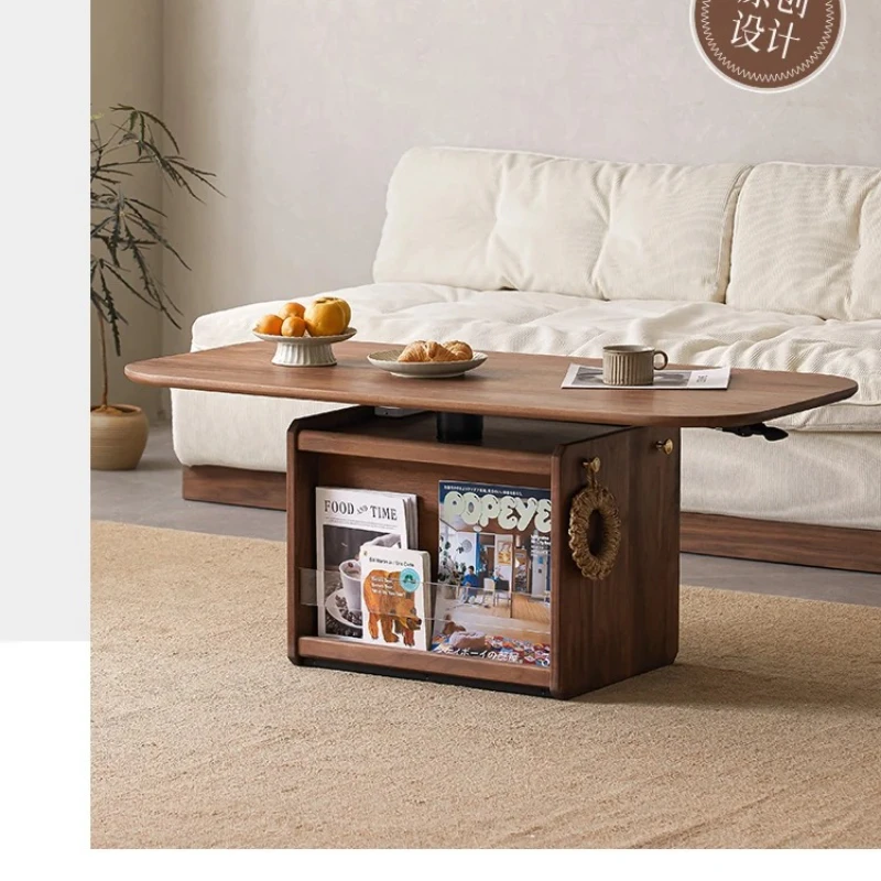 

Nordic Solid Wood Lifting Coffee Table Living Room Small Apartment Mobile Tea Table Black Walnut Dining Table Dual-Use