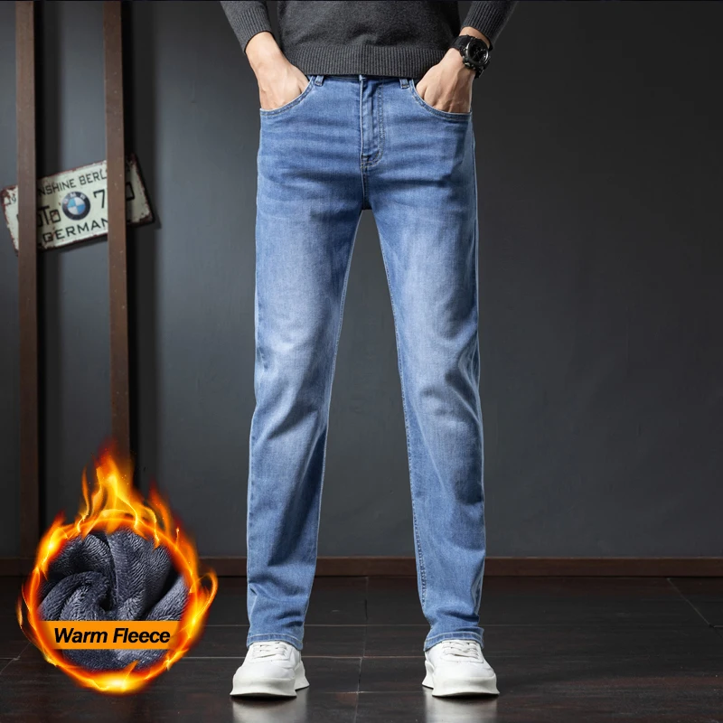 

Winter Straight Velvet Lining Jeans Men Business Casual Plush Korean Trousers Warm Fashion Elastic Fleece Denim Pants