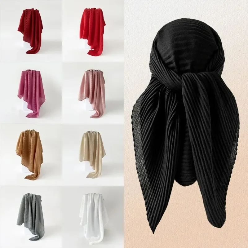 

1PC Solid Color Imitation Cotton and Linen Silk Scarf for Women, 90CM Pleated New Square Scarf and Headscarf
