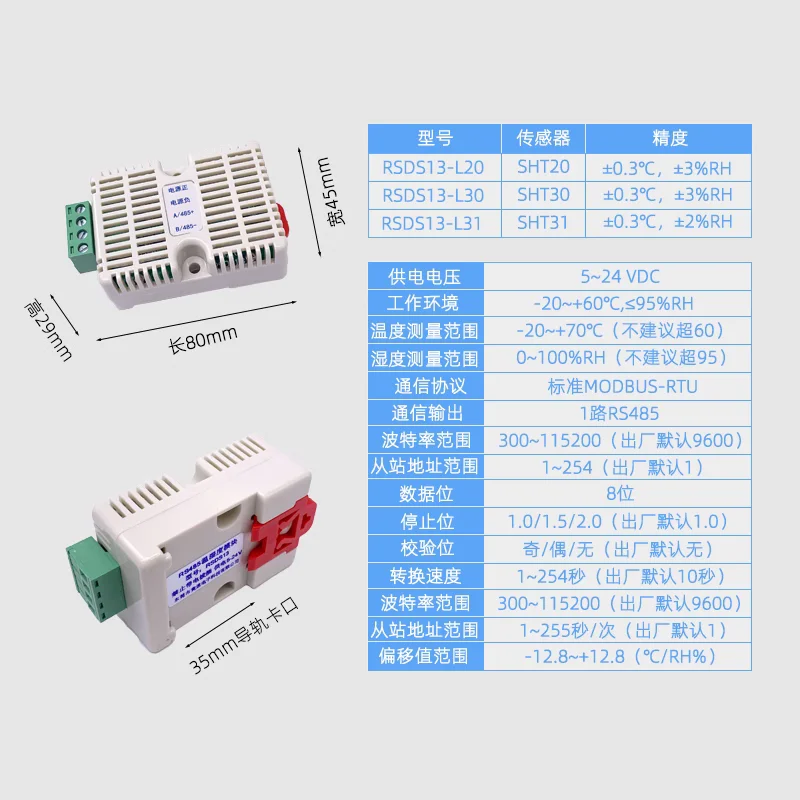 Temperature Humidity Sensor Transmitter RS485 Industrial Grade Temperature and Humidity Collector Monitoring Module Rail RSDS13