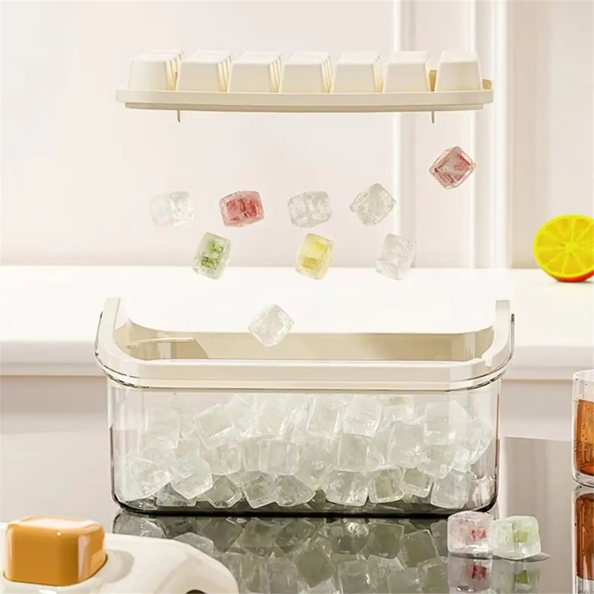 N14R Top Leak-Free Ice Cake Tray with Lid and Storage Bin - Food-Safe Silicone Tray for Freezer, Ideal for Coffee & Drinks