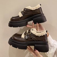 Amy and Michael Cute Girls Uniform Chunky Princess Shoes Female Women Brown Platform Pumps Retro Loafers Winter Warm Plush Shoes
