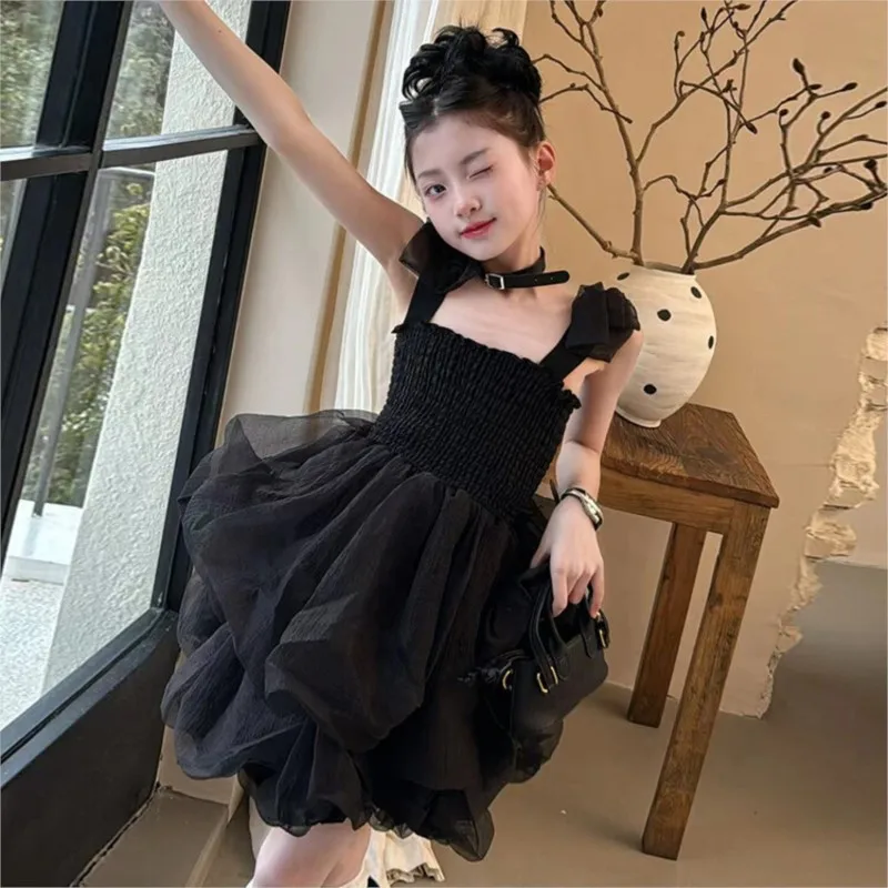 

2025 Korean Summer Children Girl Dress School Girl Elastic Waist Slip Dress Junior Girl Comfortable Breathable Lace Gauze Dress