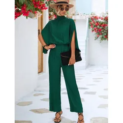 Elegant Jumpsuits for Women Autumn Loose Stand Collar Split Sleeve Office Lady Rompers Fashion Solid Overalls Streetwear Female