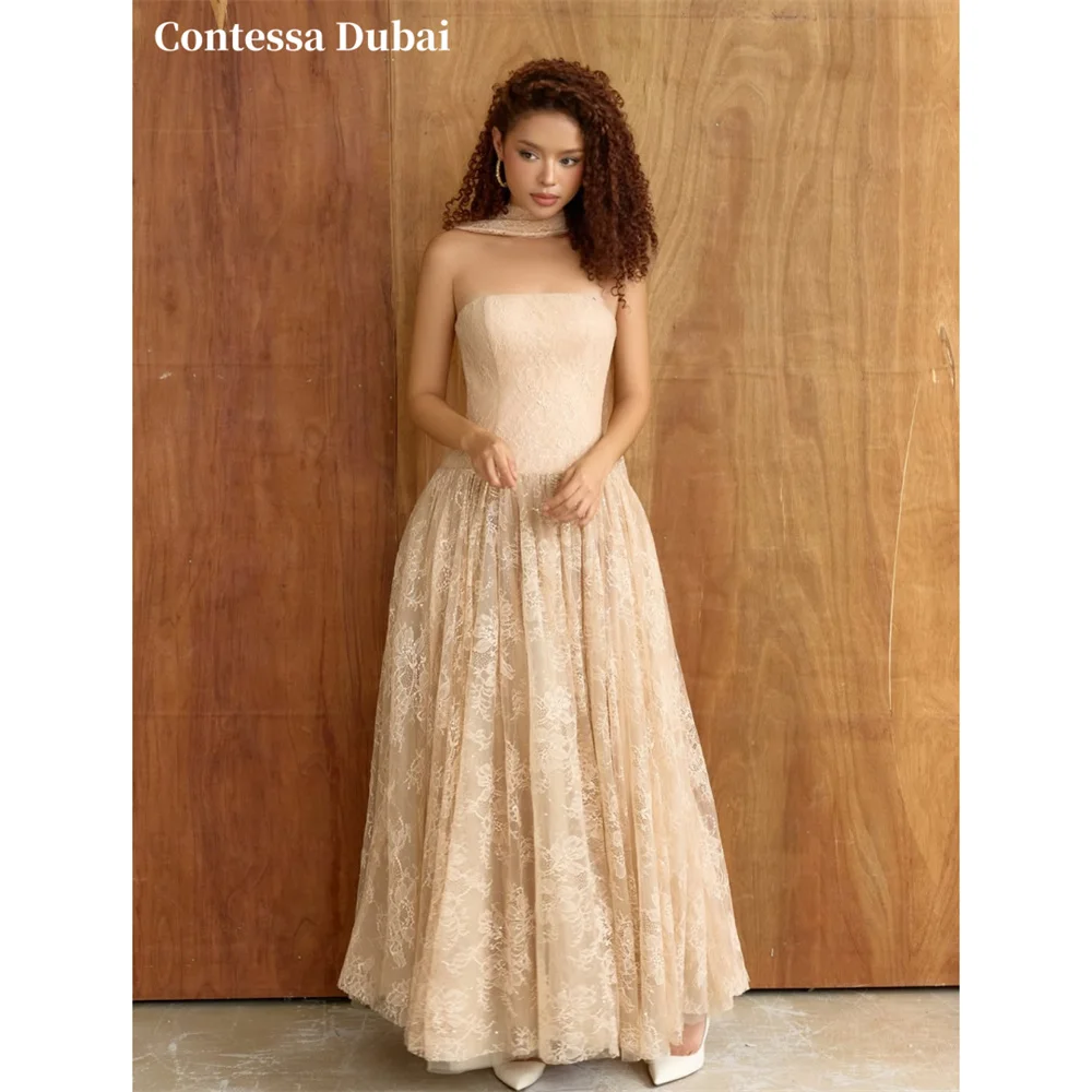 Vestido de Noche Personalizado Contessa, Estilo Champán, Sin Tirantes, con Choker Transparente, Vestidos de Fiesta, Encaje, Vestidos de Noche Línea A, Formal