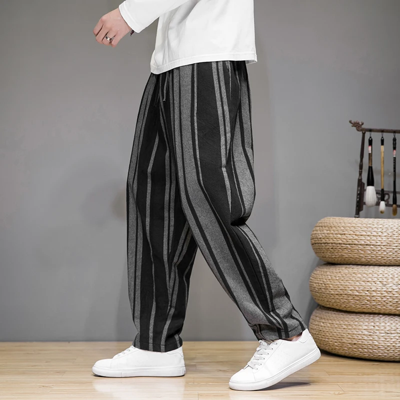 

2024 Mens Joggers Pants Cotton Linen Side Stripe Men Harem Trouser Vintage Drawstring Casual Pants Male Harajuku Streetwear 4XL