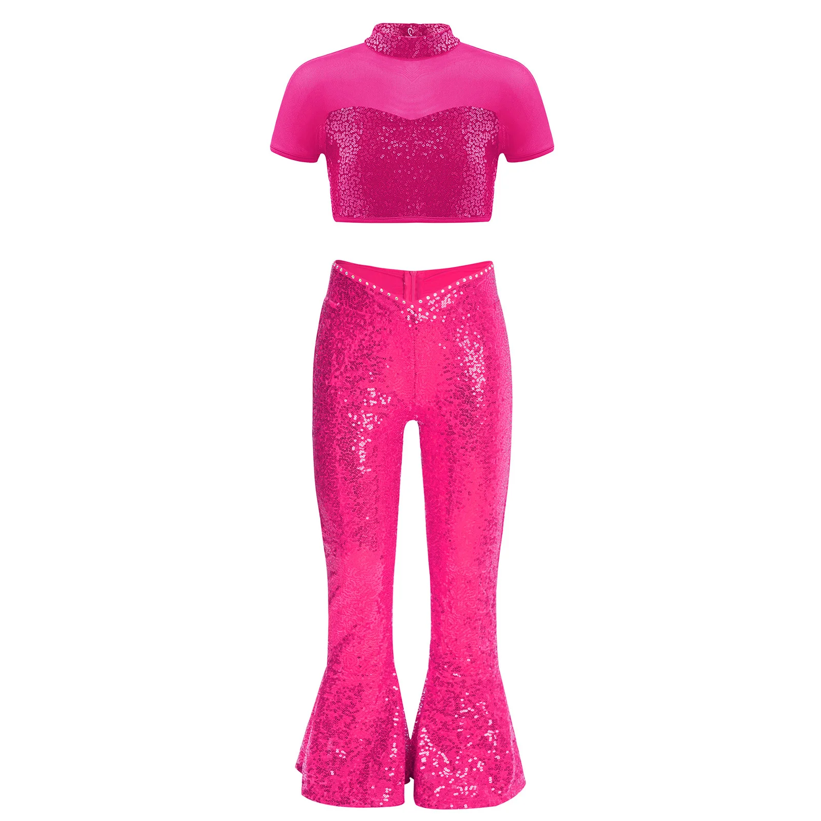 

Kids Girls Jazz Dance Performance Outfit Mock Neckline Short Sleeve Mesh Patchwork Sequins Crop Top with Pants Jazz Dancewear
