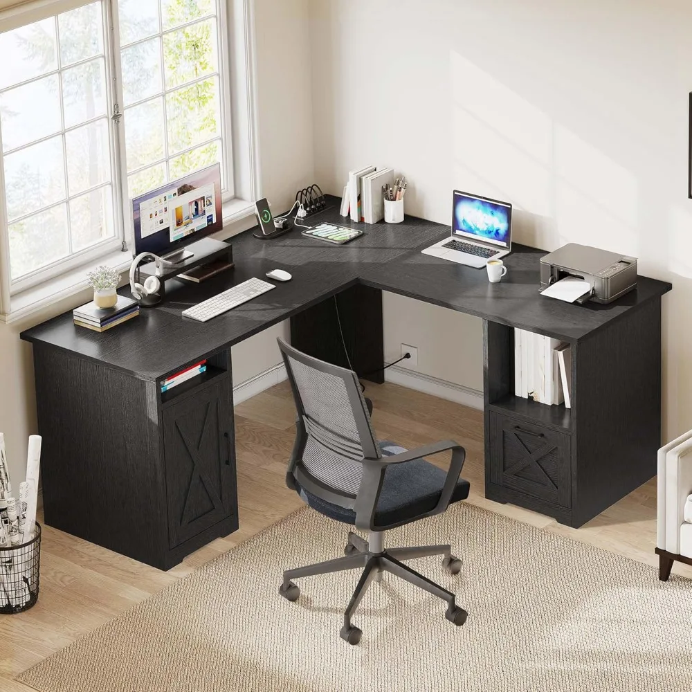 

L Shaped Desk with File Drawer, 60 Corner Computer Desk with Power Outlets, Home Office Desk with Monitor Stand & Storage S