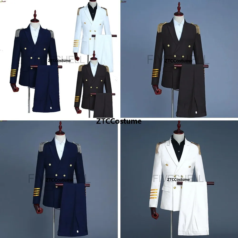 Disfraz de Capitán de la Marina, Traje de Marinero, Chaqueta de Blazer Militar, Uniforme con Pantalones para Hombres Adultos, Cosplay