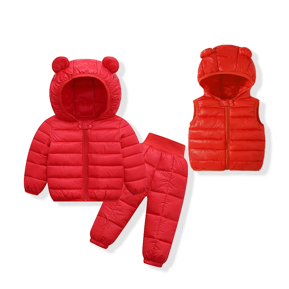 Autumn and winter children\'s lightweight cotton-padded suit boys and girls cotton-padded jacket+ trousers+ waistcoat 3-piece set