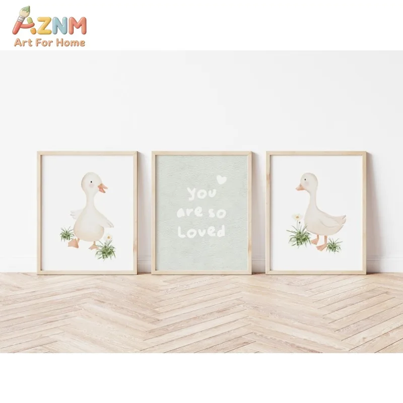 AZNM Cute Watercolor Duck Nursery Canvas Wall Art, Boho 