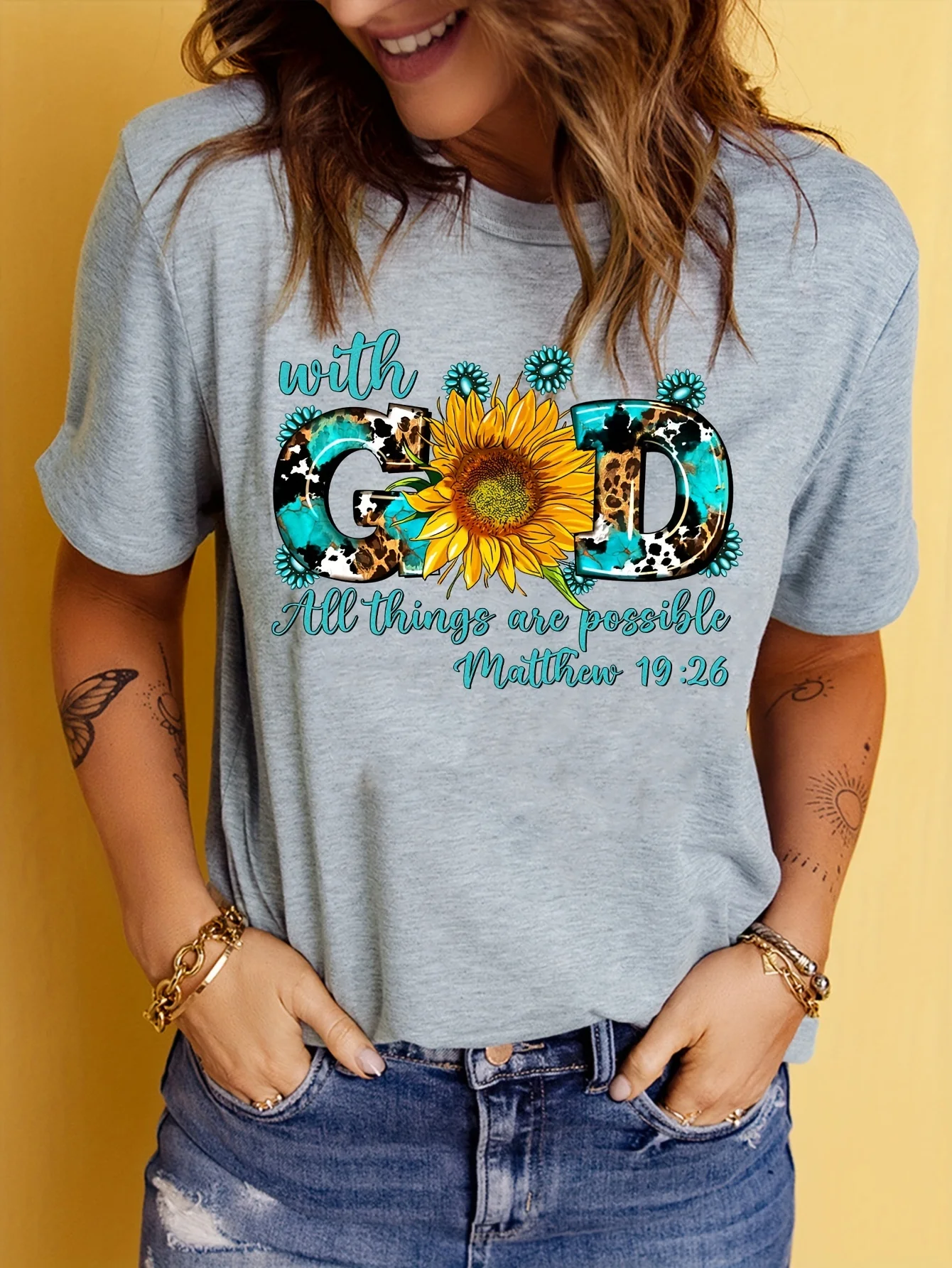 With God All Things Are Possible Women's Tee - Sunflower & Leopard Print Graphic, Faith-Inspired Casual Top