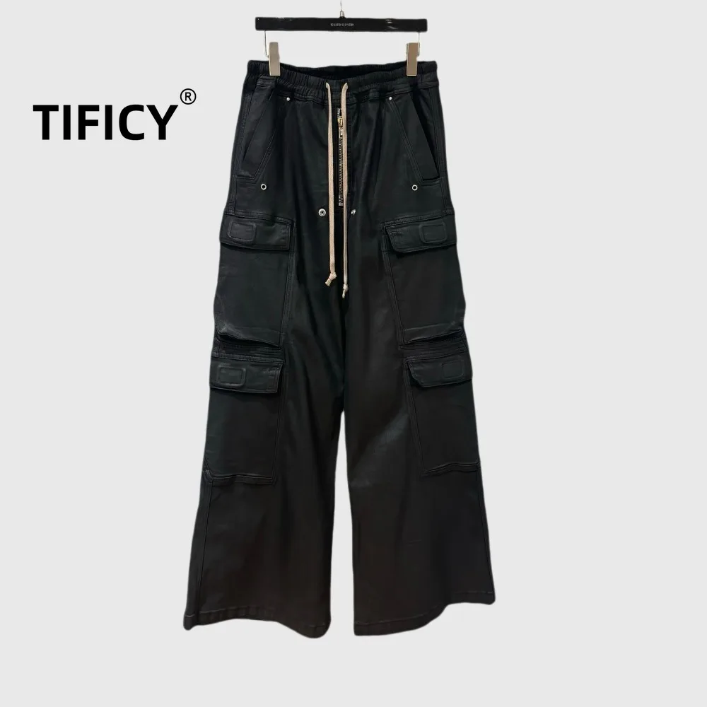 

Dark RO Style High Street Style Wide Leg Work Jeans Pants Men's Elastic Wasit Dark Multi Pocket Floor Length Flared Casual Pants