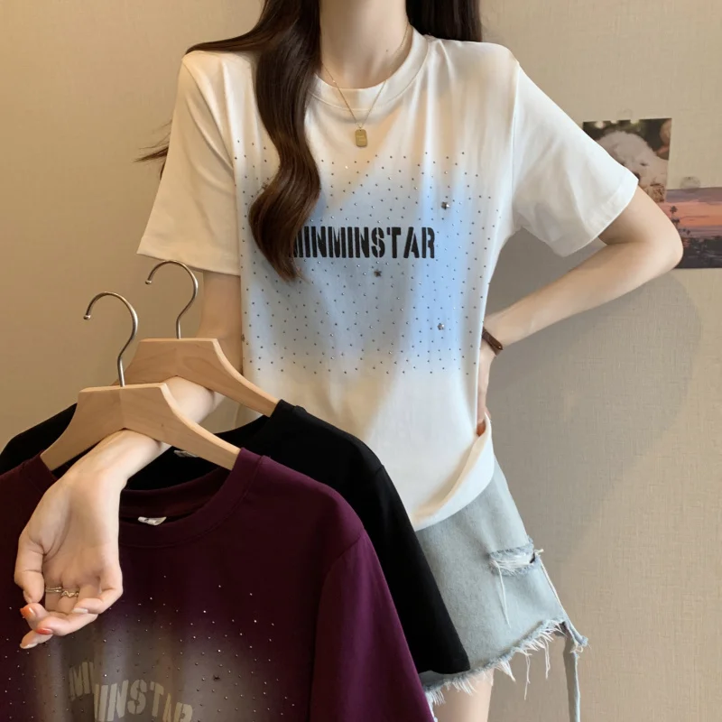 

plus Size Women's Heavy Industry Design Sense Rhinestone Hot Fixed Short Sleeve T-shirt Women's Summer New All-Matching Printed