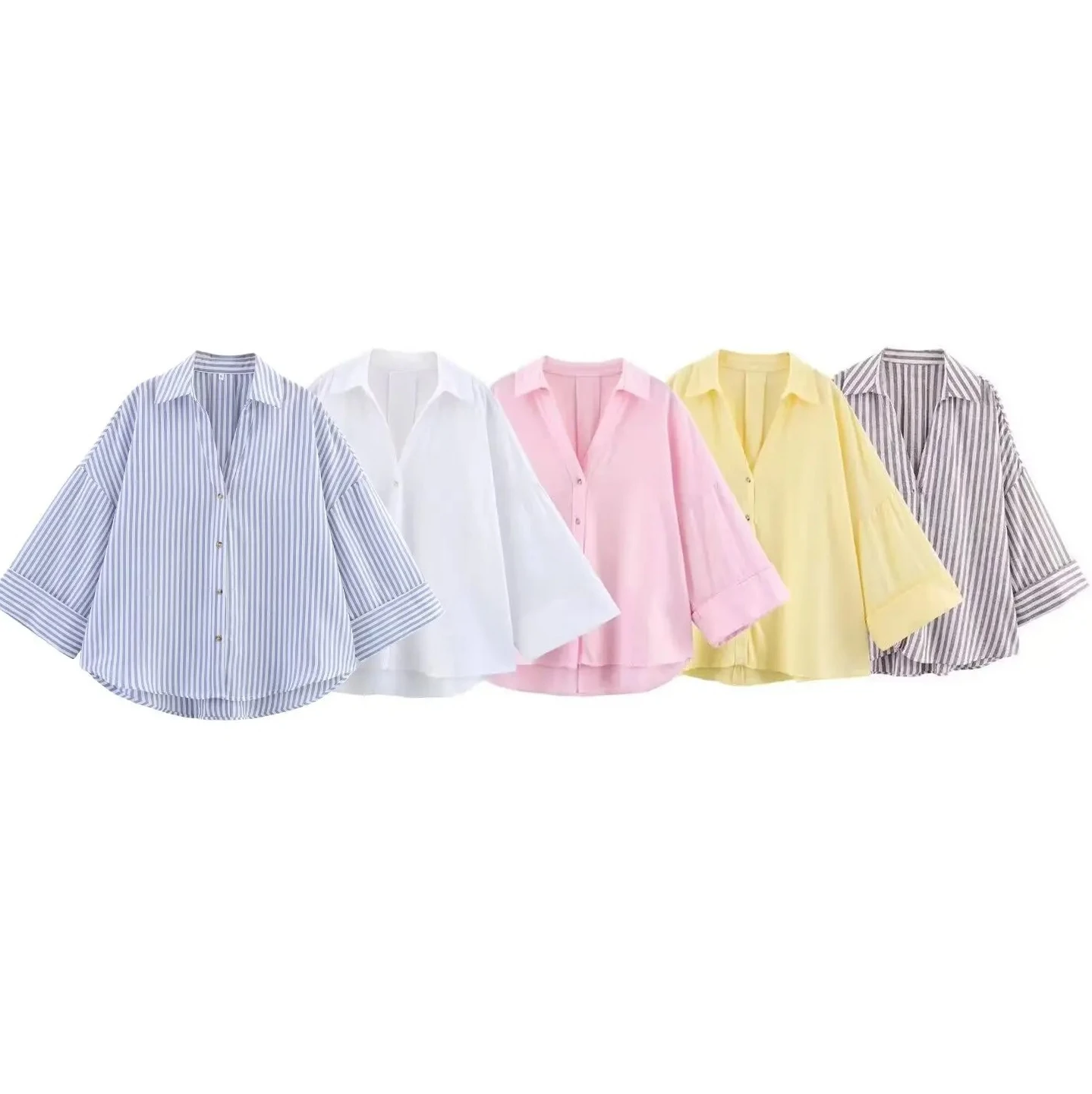 

Women's Curled Wide Sleeves Linen Blended Striped Asymmetric Casual Shirt Versatile Collar Linen Blended Printed Shirt