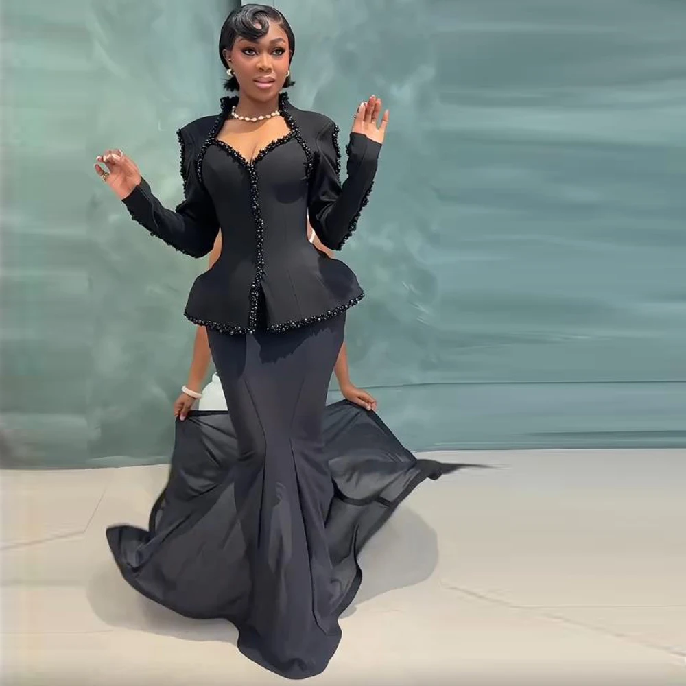 

Индивидуальное вечернее платье с бисерной отделкой в винтажном стиле, с вырезами на рукавах, черное, для гостей на свадьбу, с пэплумом, для дня рождения