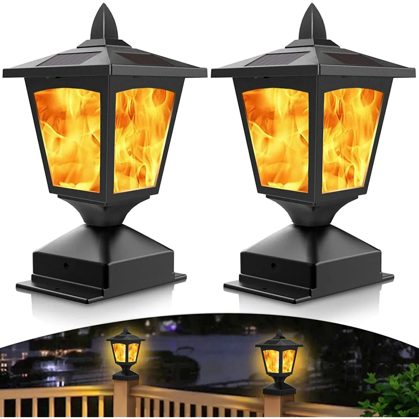 2 Pcs Outdoor Flame Light Solar Post Deck Fence Cap Waterproof Flickering Lights