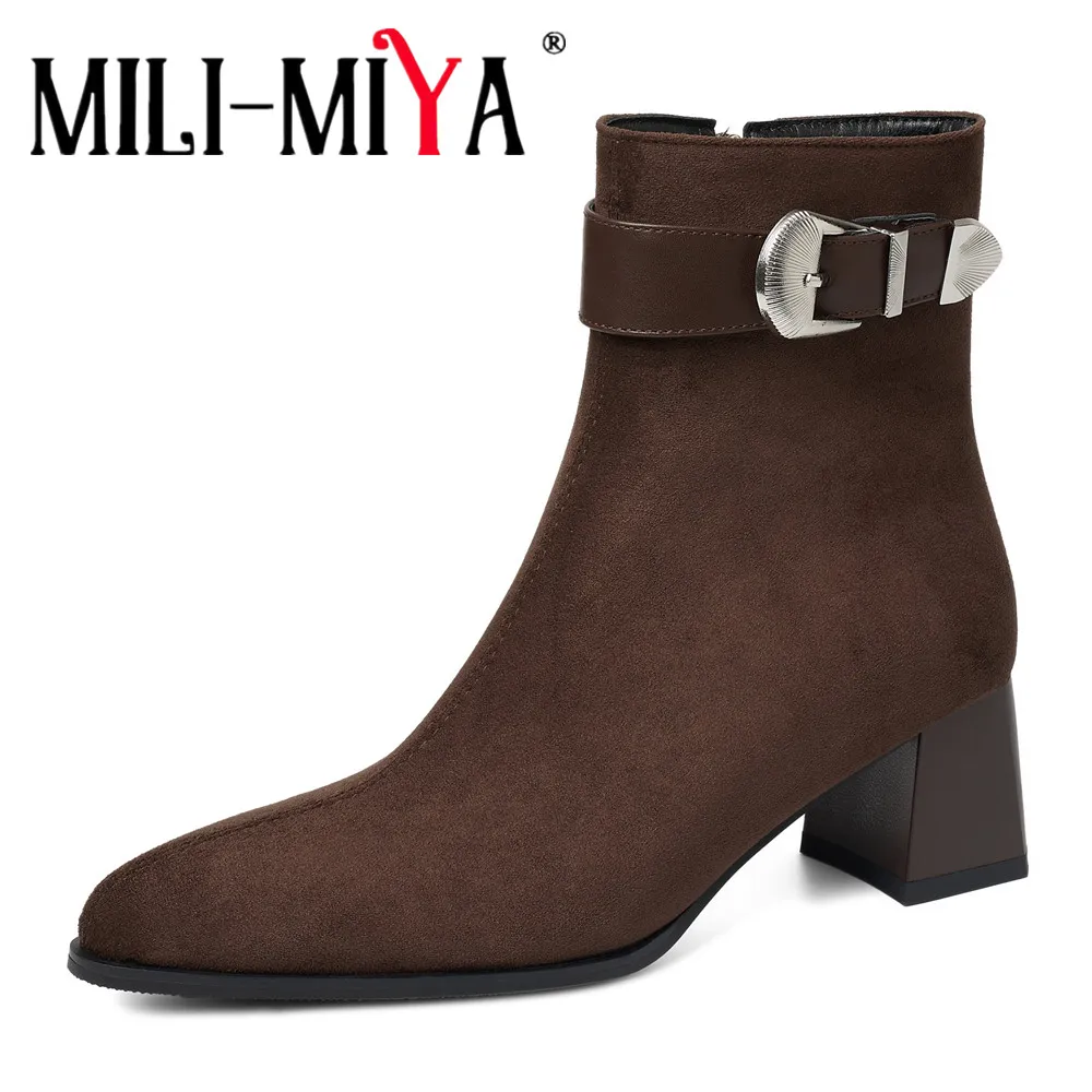 MILI-MIYA Women's Pointed-Toe Microfiber Ankle Boots Comfortable Chunky Heels Solid Colors Large Sizes 3443 Casual Shoes
