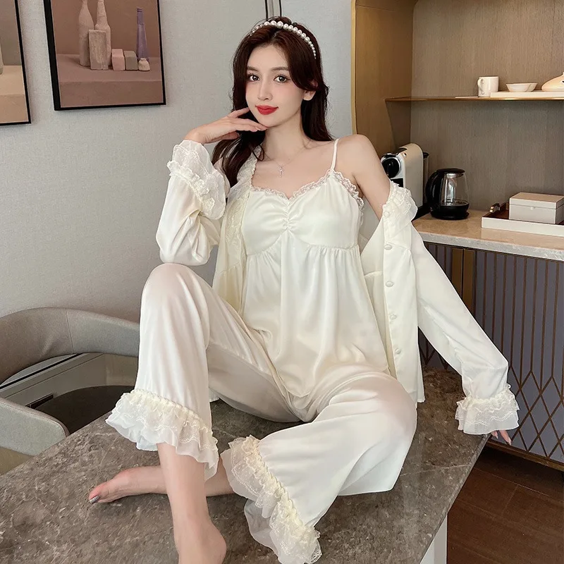 Women\'s Three-piece Set Pajamas Summer Suspender Ice Snow Silk Long-sleeved Lace Cardigan Simple Thin Spring Autumn Loungewear