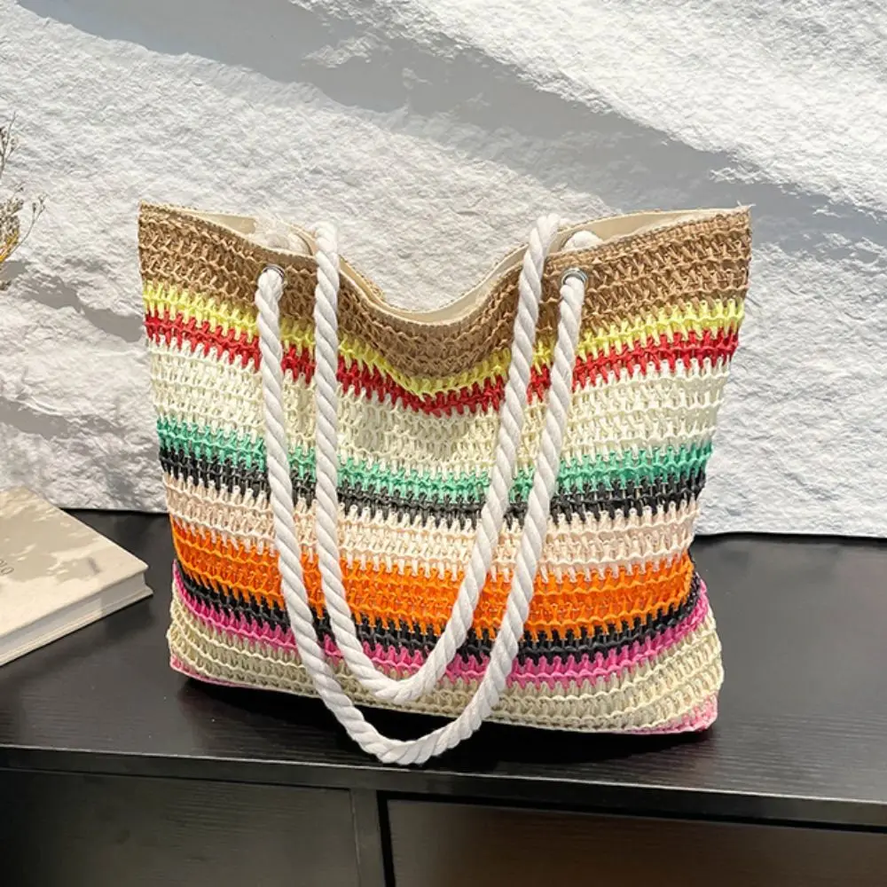 

Trendy Beach Handbag Strip Weave Bag Bohemian Style Large Capacity Rainbow Beach Bag Lazy Style Hollow Tote Bag Girls