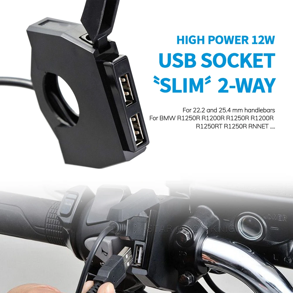 

Motorcycle Dual USB Charger Plug Socket Adapter 22-25mm Handlebars For BMW R1250R R1200R R1250RS R1200RS R1250RT R1200RT RNINET