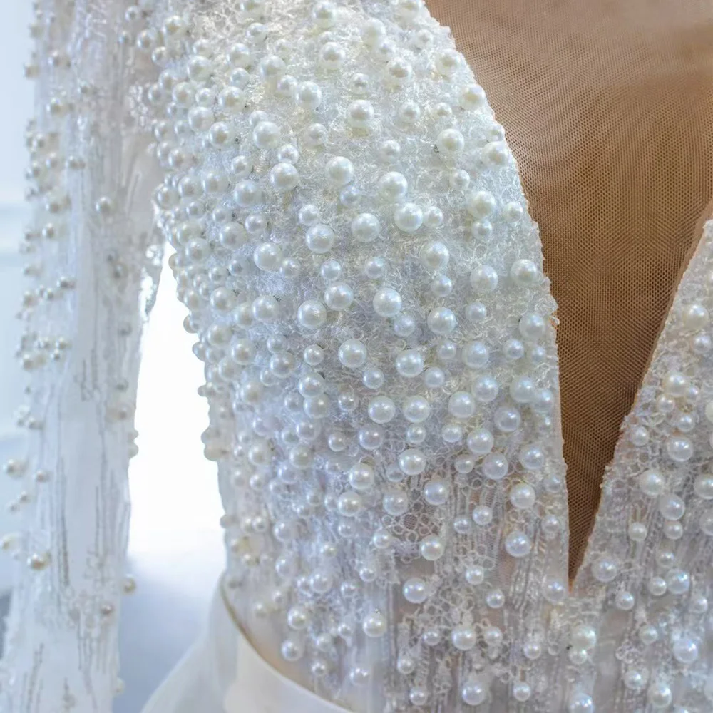 Gorgeous O-Neck Long Sleeve Wedding Dress For Women With Lace-Up Back Pearls Customized Vestido De Novia