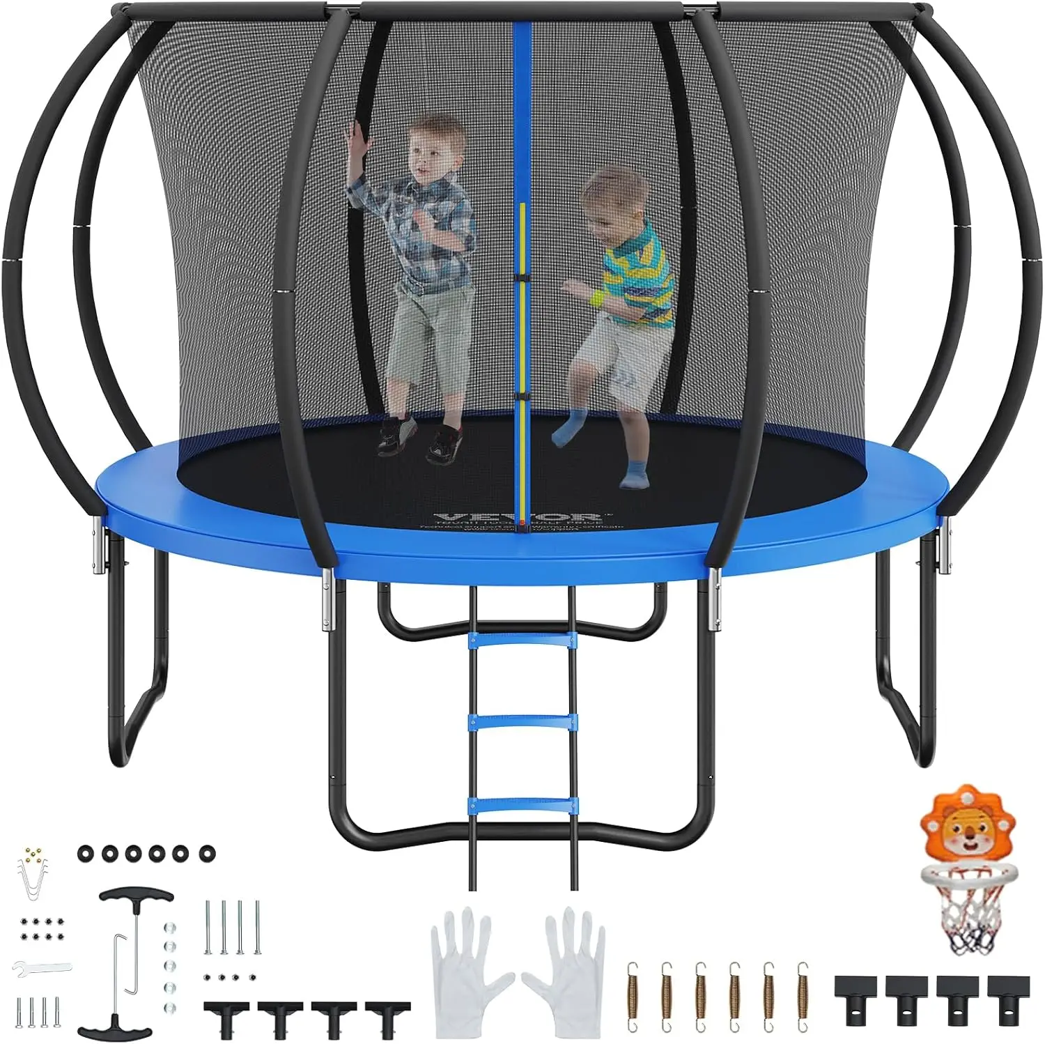 12 10 14 FT Trampoline with Enclosure Net, Ladder, and Curved Pole, Heavy Duty Trampoline with Jumping Mat and Spring Cover Padd