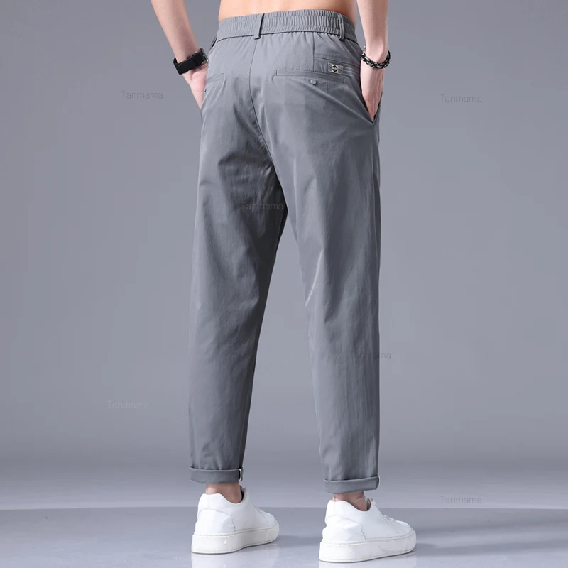 Summer Ultra-thin Men\'s Ice Silk Casual Pants Fashion Solid Color Loose Business Straight Ankle Length Trousers Black Gray Khaki