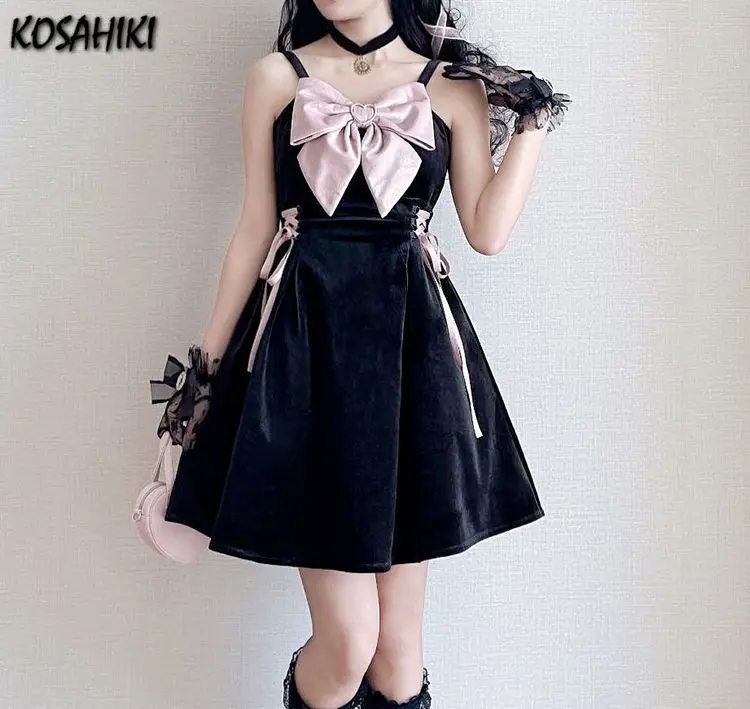 KOSAHIKI Kawaii Lolita Jsk Dress Women 2024 Sweet Cute Spaghetti Strap Mini Dresses Bow Bandage Japanese Pretty Princess 