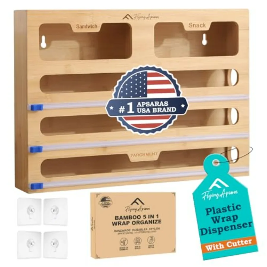 

APSARAS USA 5 in 1 Bamboo Foil and Plastic Wrap Organizer for Kitchen Drawer, Ziplock Bag Organizer, Saran Wrap Dispenser with