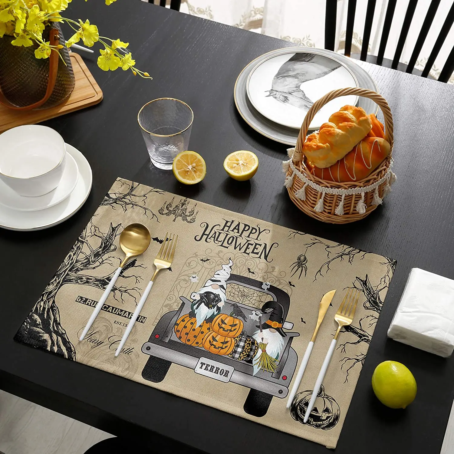 

4/6pcs Placemats Halloween Themed Pumpkin Bats Linen Placemats Kitchen Accessories Table Mats Halloween Decorations Coasters