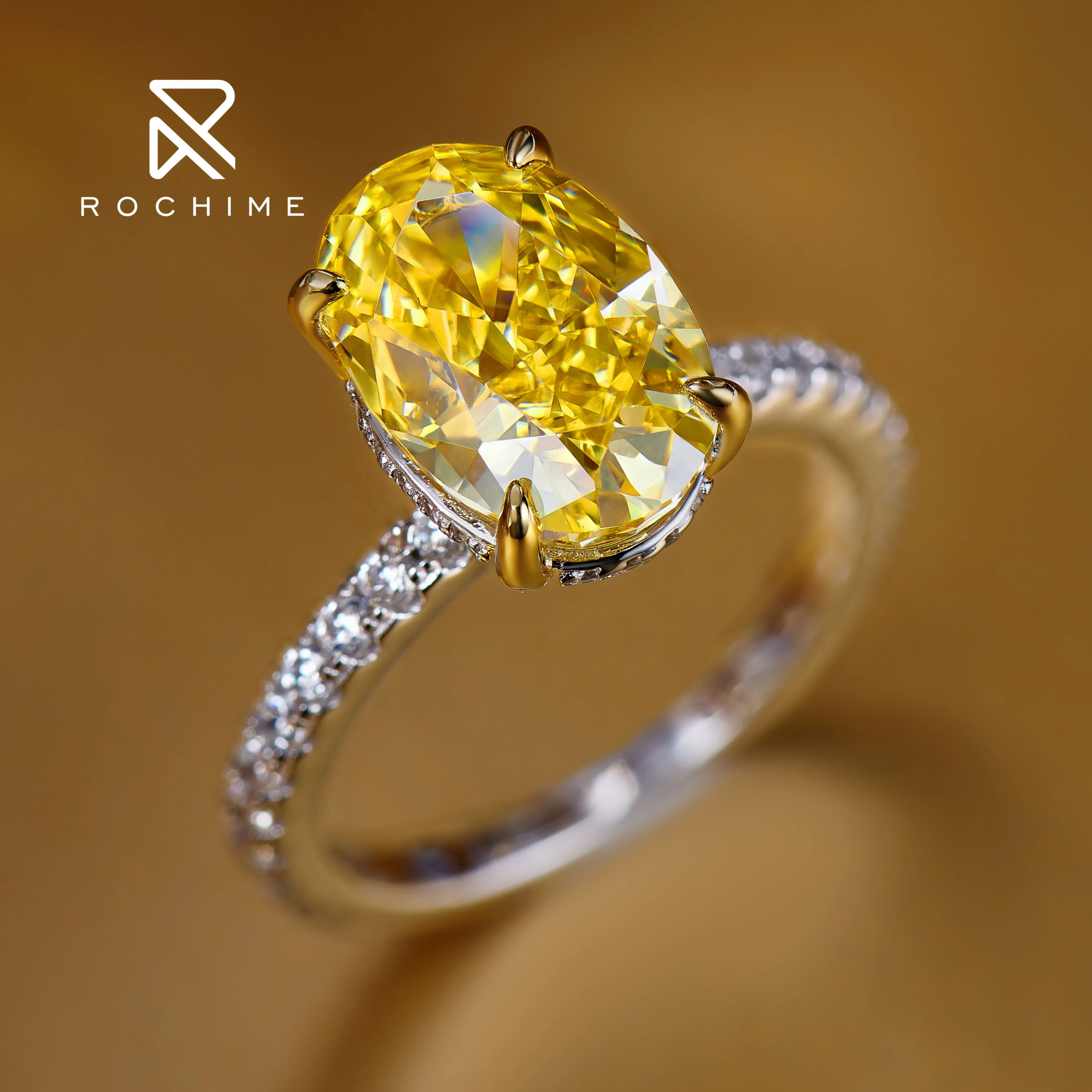 Rochime-anillo clásico de Plata de Ley 925 con forma ovalada, anillo de piedras preciosas amarillas, chapado en oro, joyería de circón 5a