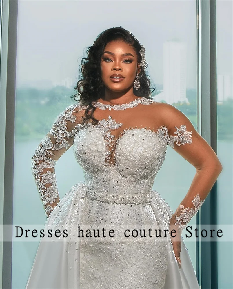 아소 에비 럭셔리 레이스 아플리케 머메이드 웨딩드레스 여성 2025 탈부착 가능한 트레인 비딩 아프리카 신부 드레스 맞춤 제작