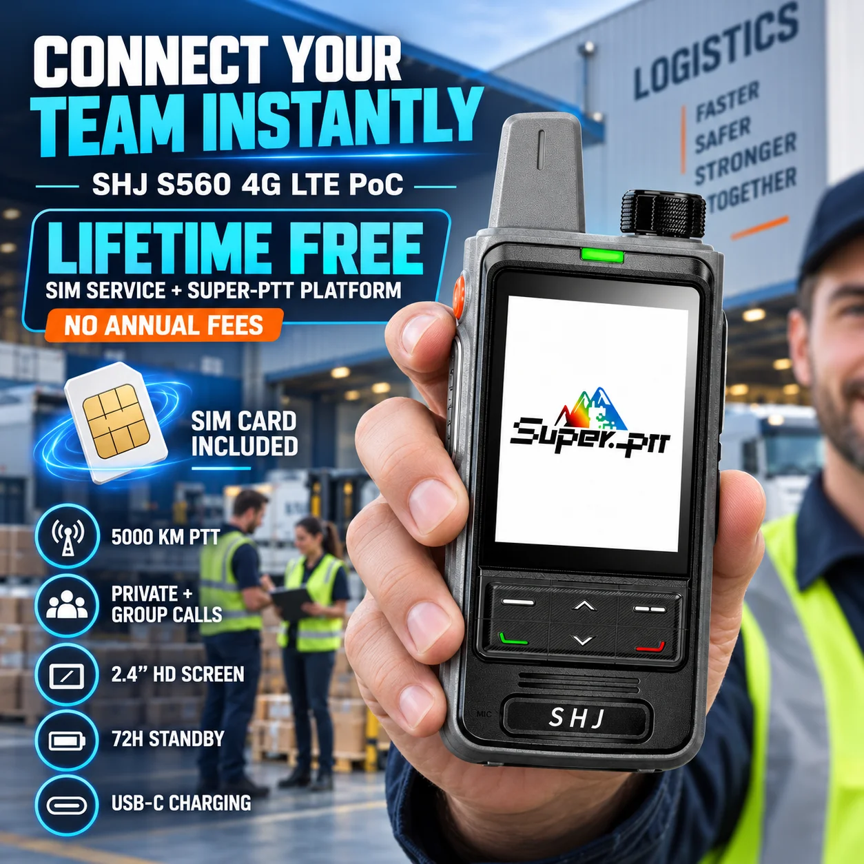 SHJ S560 4G LTE PoC Walkie Talkie Two Way Radio, Lifetime Free SIM & Super-PTT, 5000km PTT Group Call, 2.4in HD Screen USB-C SOS