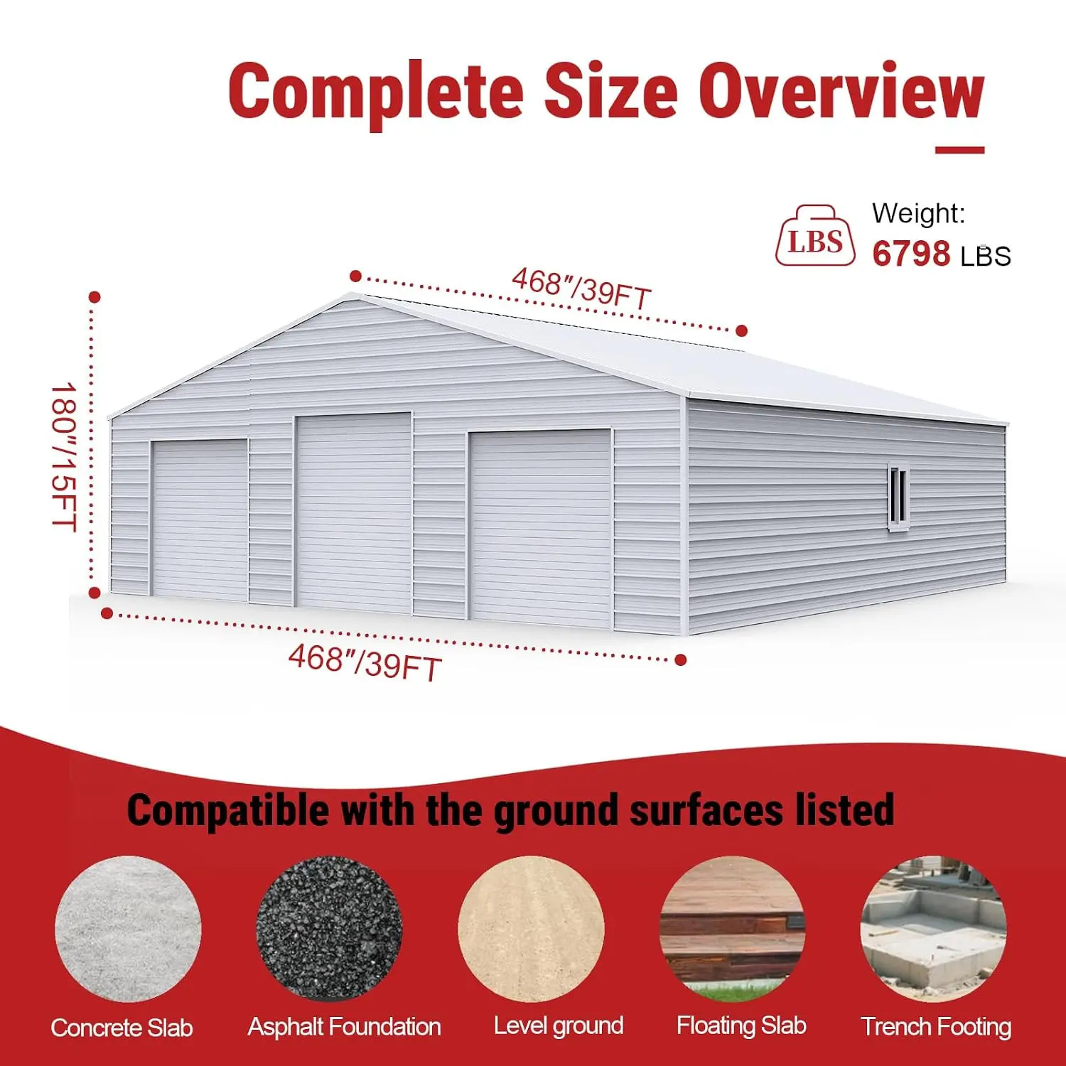 39x39FT Metal Barn with Roll-Up Doors, 16/14-Gauge Steel Frame & 26-Gauge Panels, Galvanized Farm Equipment Storage, Customized