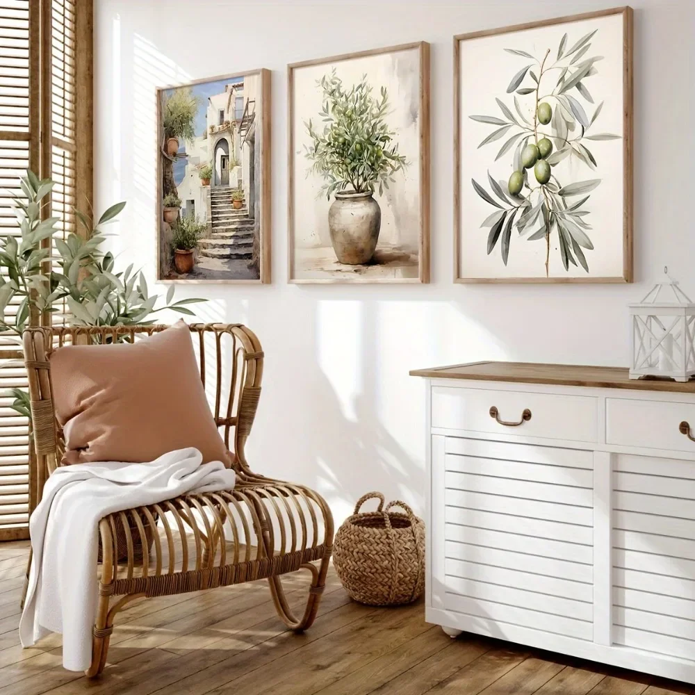 Multiple sizes 3pcs frameless Canvas Painting,3pcs Frameless Canvas Poster,Vintage Art,Print Mediterranean Olive Tree,Nature Lan