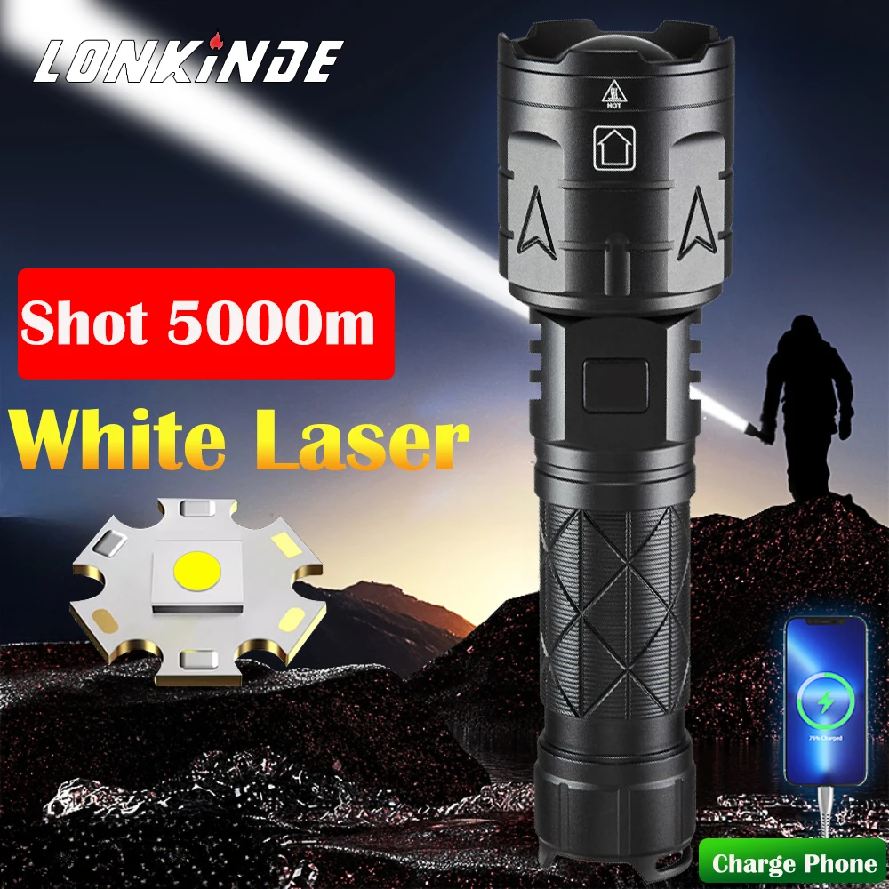 60W LED High Power Powerful Rechargeable 50000LM Flashlight White Laser LED Flashlights 5000M Long Range Torch Tactical Lantern