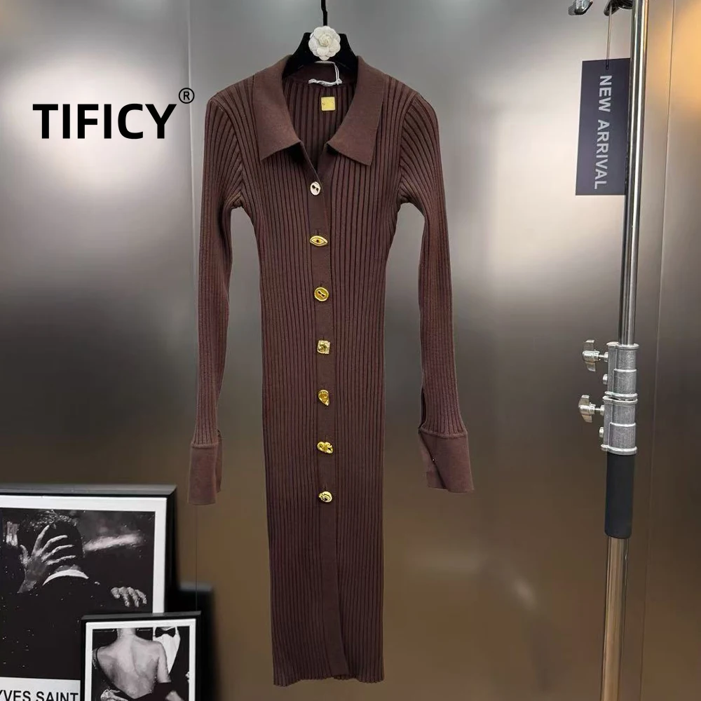 

High Street French Retro Lapel Single Breasted Long Sleeved Slim Fit Knit Dress Women's Exudes A Refined and Slimming Dresses