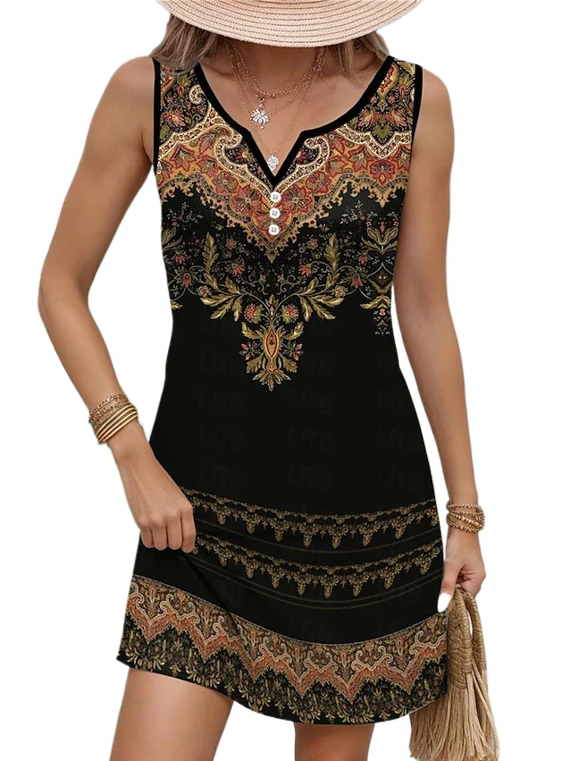 

Women's Dresses 2024 New Summer Fashion Casual V-neck Loose Sleeveless Black Mini Dresses Female Vestidos Beach Dress Plus Size