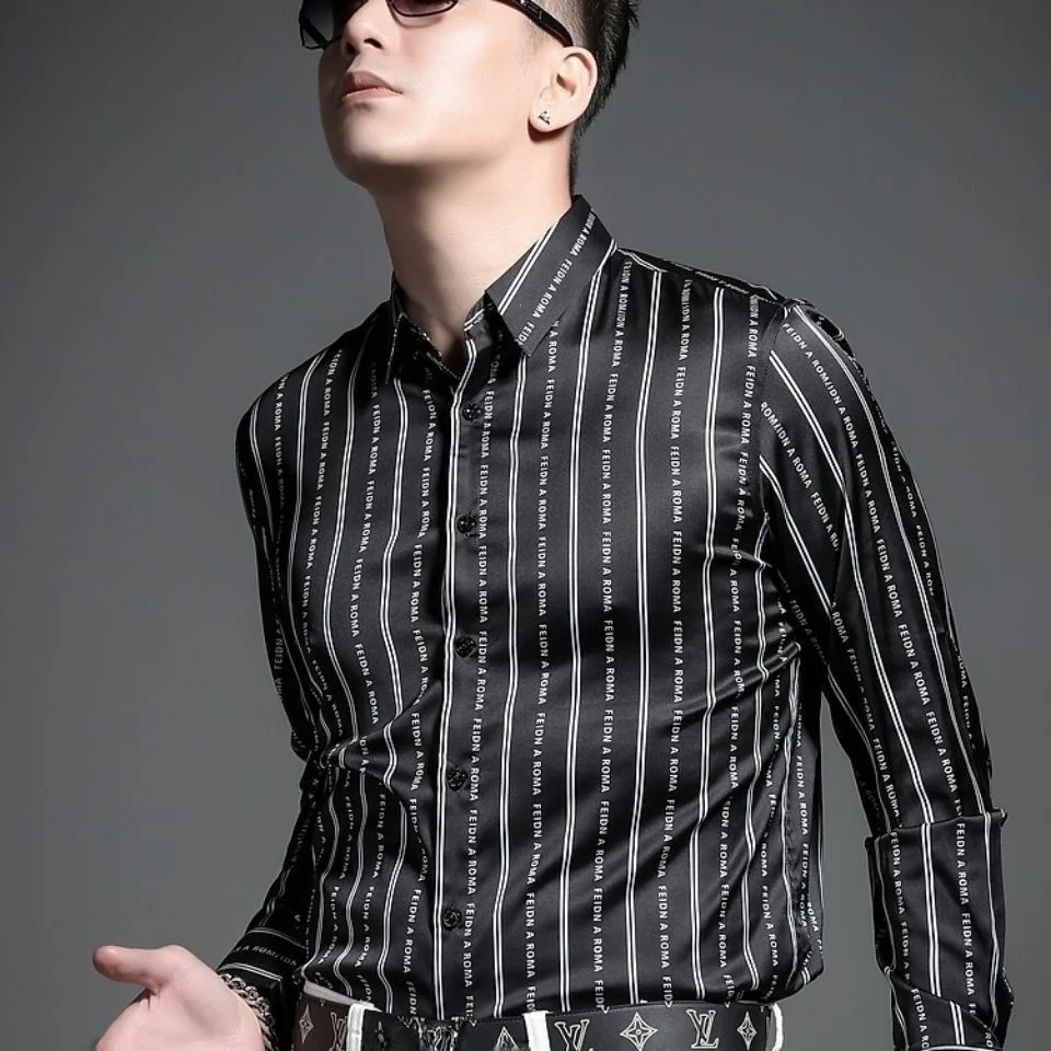 Trendy Men's Long Sleeve Shirt Casual Striped Letter Print Fashionable City Style Autumn Collection Youth Fashion Clothing